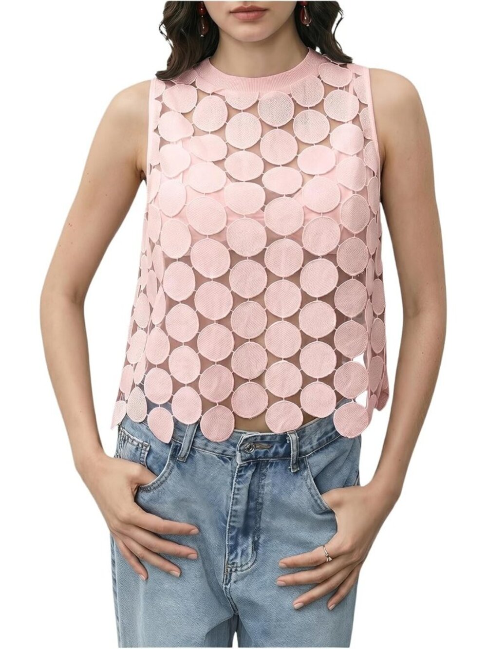 🆕Women's Pink Sheer Tank Tops See Through Polka Dots Sleeveless Vest Shirts